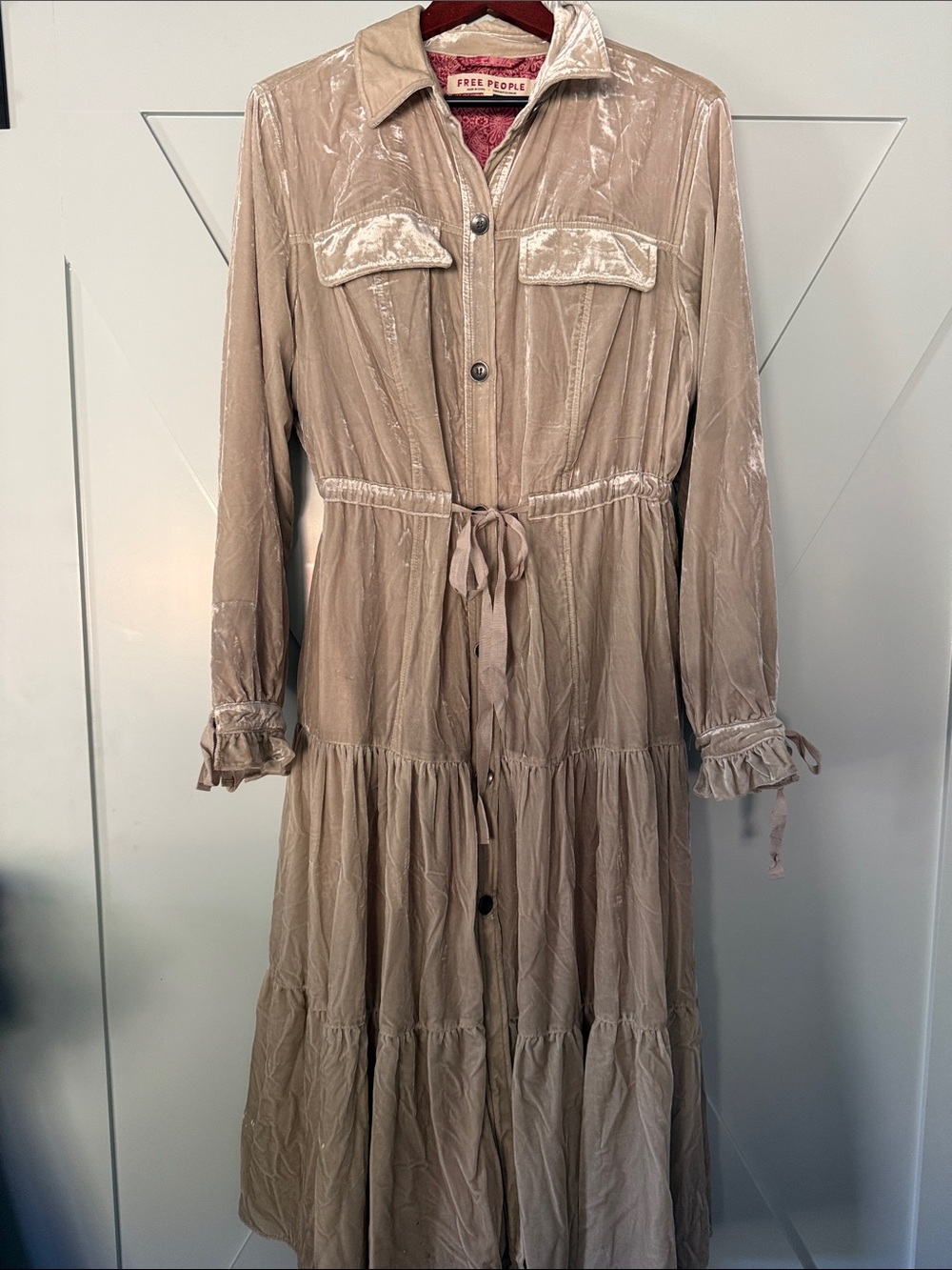 Free People Beige Velvet Tiered Maxi Shirt Dress